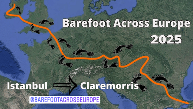 Man walking barefoot from Istanbul to Mayo to raise money for charity