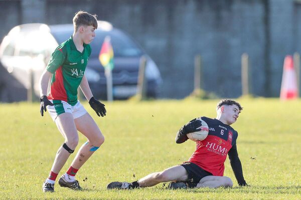 James Lynch (Portlaoise CBS) cuts out this danger during the South Leinster 2nd year football 'B' final against Gorey CS Photo: Paul Dargan