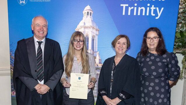 <p>Pictured (L-R): Dean of Undergraduate Studies Vincent Wade, Brianna Bergin, Trinity Vice-Provost Orla Sheils and St Fergal's Principal Carol Devine. Picture by Paul Sharp. </p>