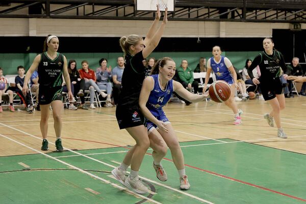 Portlaoise Panthers' Ciara Byrne stands solid to deny Alexandra Mulligan (Cavan Eagles) a way to the basket Photo: David Maher Portlaoise Panthers' Ciara Byrne stands solid to deny Alexandra Mulligan (Cavan Eagles) a way to the basket Photo: David Maher