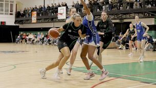<p>Portlaoise Panthers' Lynn Tunnah drives in search of a score in the Women's Super League clash with Cavan Eagles at St Mary's Hall on Saturday Photo: David Maher</p>