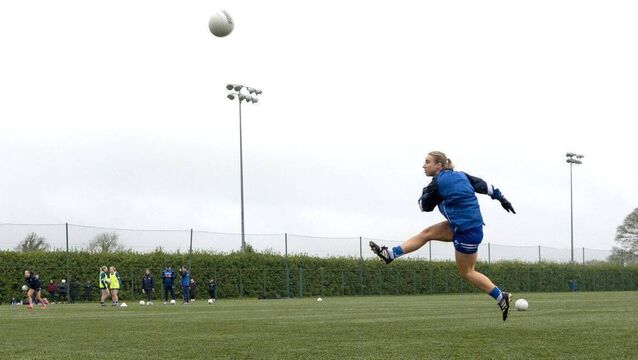 <p>Laois's Lauren Kearney warming up prior to the opening round of the Lidl NFL Division 3 at Heywood College on Sunday Photo: Denis Byrne</p>