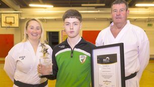 <p>Brian Keating the IMAC Outstanding Senior Athlete of the Year 2025 from the Carlow Karate Club with Patsy Whelan (chief instructor) and Danielle Furey (assistant instructor) Photo: © Michael O'Rourke Photography </p>
