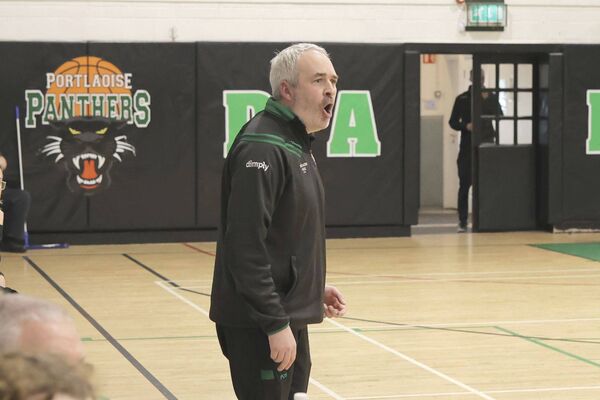 Portlaoise Panthers' manager Peter O'Sullivan shouts instructions to his team in St Mary's Hall Photo: David Maher