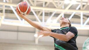 <p>Desmond Ogedegbe landed a colossal haul of 39 points when Portlaoise Panthers brought Templeogue's unbeaten run in this seasons Men's Under 20 National League to an end Photo: INPHO/Bryan Keane</p>