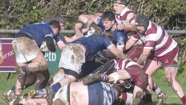 <p>All out action in the Leinster League game at Lea Road on Sunday Photo: Denis Byrne</p>