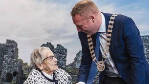 <p>Breda Fitzpatrick, the first-ever recipient of the Laois County Council Centenarian Award, with Cathaoirleach Barry Walsh.</p>
