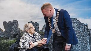 <p>Breda Fitzpatrick, the first-ever recipient of the Laois County Council Centenarian Award, with Cathaoirleach Barry Walsh. </p>