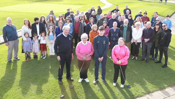 Portarlington Golf Club 2026 Captains Pat Culleton and Mary Fallon with Junior Captains Shay McEvoy and Carla McEvoy with club members