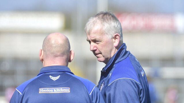 <p>Laois Camogie Manager, Pat Collier deep in conversation Photo: Denis Byrne</p>