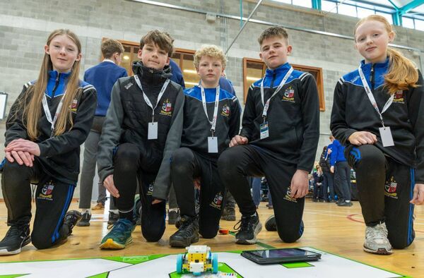 Clonaslee College students, Aoibhinn Kelly, Fionn Kelly, Robbie Molloy, Max Rosney and Emily Kelly at the 3rd annual LOETB STEAM. Showcase in Portlaoise College.