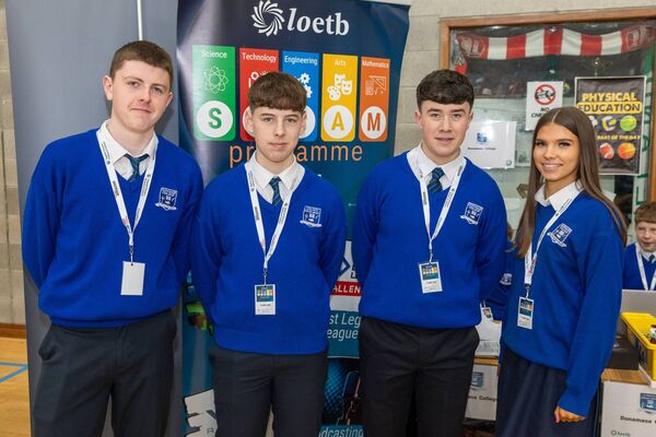 Dunamase College students, Aidan Fingleton, Harry McGree, Nathan Lenihan and Mila Dawson (media team) at the 3rd annual LOETB STEAM Showcase in Portlaoise College.