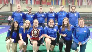 <p>Laois Badminton Grade 4 team which were crowned Leinster champions (standing l-r) Kevin Grace, Adam Holden, Joe Hargroves, Brendan Byrne, Mick O Brien, Hemanth Sundaran, (kneeling l-r) Gouri Saha, Sarah O’Rourke, Noelle Clancy, Edel Clancy, Nicole Hargroves, Yvonne Hargroves</p>