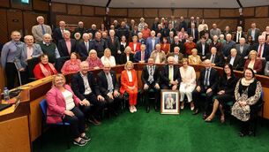 <p> Pádraig with elected members, council management, family and friends </p>