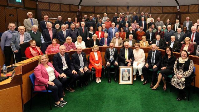 <p> Pádraig with elected members, council management, family and friends </p>