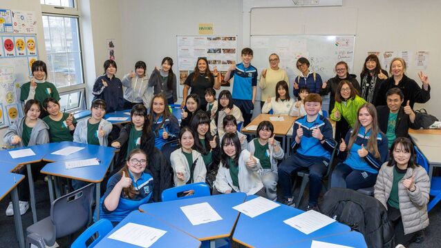<p>Dunamase College teachers Chloe Ní Ghealbháin and Emily Lennox; Dunamase College students, Keris Bergin, Gráinne Heffernan, Dáire Ó Loinín, Ryan Cody Dempsey and Gráinne Ní Dhuinn and Rosa Flannery and Siobhan Buckley from Music Generation Laois with visitors at Dunamase College in Portlaoise during the visit of students and teachers from Kinjo Gakuin High School in Nagoya, Japan Photos: Alf Harvey</p>