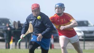 <p>Castletown goalkeeper Patrick Mullaney looks to clear his lines as Liam Kirby (The Harps) moves in to hook in the ACHL Division 1 game on Sunday Photo: Denis Byrne</p>
