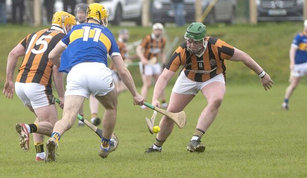 Dan Delaney (Camross) gets to the sliotar ahead of Martin Phelan (Clough/Ballacolla) Photo: Denis Byrne