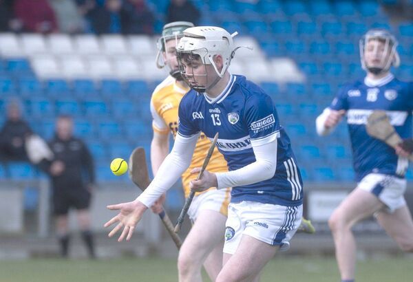 Oisin Gilligan (Laois) about to get his pass away against Antrim Photo: Denis Byrne