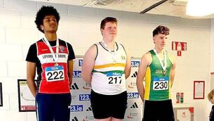 <p>Joshua Crosby on the podium after winning gold in Athlone </p>