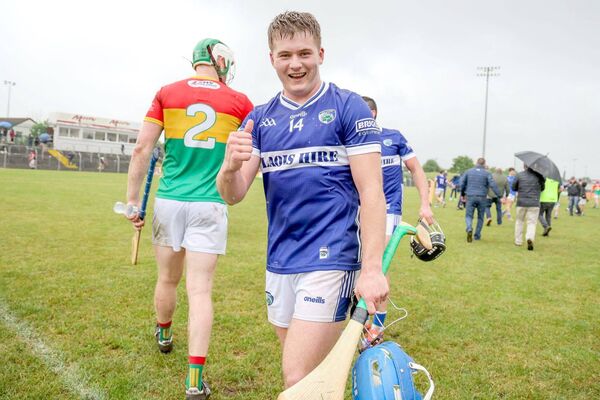 A thumbs up from Tomás Keyes after Laois got the better of Carlow in the last year's McDonagh Cup game at Netwatch Cullen Park. Will the Laois players be smiling again this Saturday Photo: Paul Dargan