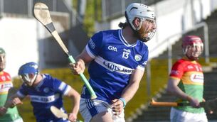 <p>Laois's Ben Conroy shows his delight as his shot on goal rattles the Carlow net 	Photo: Denis Byrne</p>