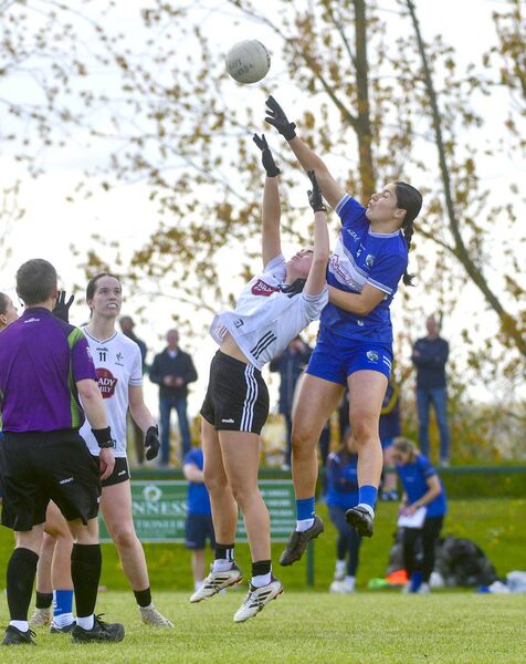 Lucie O'Reilly (Laois) breaking this ball down in their Leinster LGFA Minor Football Championship semi-final win over Kildare Photo: Denis Byrne