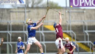 <p>Darragh Keeshan (Laois) and Culann Leen (Galway) compete for this sliotar Photo: Denis Byrne</p>
