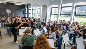 <p>Guest conductor Veronica Urrego at the Music Generation Laois BOP Orchestra at rehearsal in Laois Music Centre Photos: Alf Harvey</p>