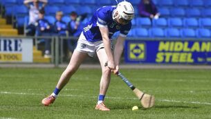 <p>Oisin Gilligan (Laois plays) this sliotar off the pitch and into the net	 Photo: Denis Byrne</p>