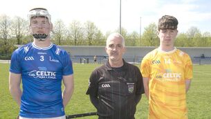 <p>Captains Evan McWey (Laois) and Joe Casey (Antrim) with referee Martin Ryan ahead of throw in on Saturday Photo: Denis Byrne</p>