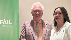 <p>Newly co-opted councillor Elva Kelly, being congratulated by former councillor Pádraig Fleming, whom she replaces on Laois Co Council and as a member of Graiguecullen/Portarlington Municipal District </p>