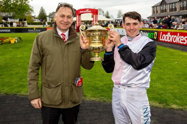 Trainer Henry de Bromhead and jockey Darragh O'Keeffe celebrate winning The Ladbrokes Champion Stayers Hurdle (Grade 1) with Bob Olinger 	 Photo INPHO/Morgan Treacy