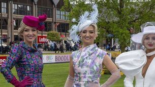 <p>Laois sisters Davinia, Dawn and Clio Knight at the third day of the Punchestown Racing Festival 2026. Photo: Michael Chester </p>
