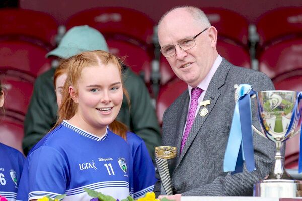 Laois's Mia Delaney is presented with the player of the match award following the LGFA u/16 'B' on Saturday Photo: Paul Dargan