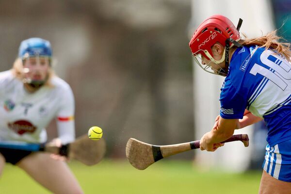 Kaylah O'Mara strikes for a goal for Laois in the Leinster Minor 'B' final	 Photo: Paul Dargan
