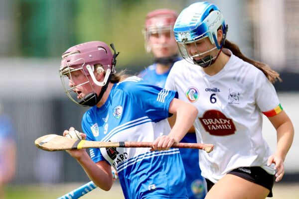 Laois's Erin Walsh hangs onto possession despite the close attention of Kildare's Aoife O'Riain 	 Photo: Paul Dargan
