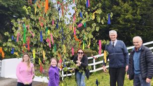 <p>Lexi Nelson, Síomha Nelson-Heffernan, Kathleen Lynch, Dan Lynch and family friend and Mountmellick Camera Club member Charlie White, pictured with Dan's 55th May Bush at Capard in the Slieve Blooms. Photo: Stan Henderson</p>