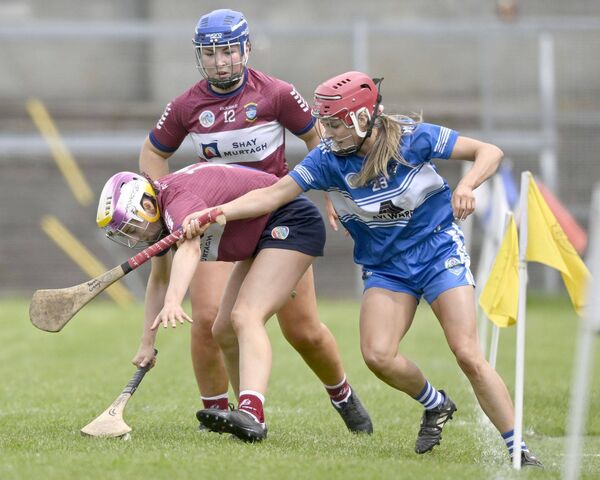 Laois's Shona Jones putting Westmeath's Caoimhe McCrossan under pressure Photo: John McCauley