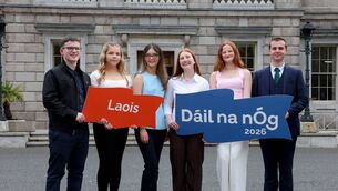 <p>Students from Laois who attended Dáil na nÓg outside Leinster House </p>
