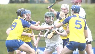 <p>Portlaoise's Conor Raggett finds himself in a tight corner surrounded by Abbeyleix players in their ACHL Division 1 game on Sunday Photo: Denis Byrne</p> <p>Portlaoise's Conor Raggett finds himself in a tight corner surrounded by Abbeyleix players in their ACHL Division 1 game on Sunday Photo: Denis Byrne</p>