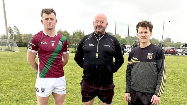 Portarlington and The Heath captains with referee Brendan Hickey prior to their ACFL Division 2 game on Sunday <p>Portarlington and The Heath captains with referee Brendan Hickey prior to their ACFL Division 2 game on Sunday </p>