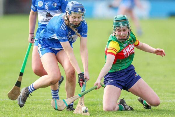 Laois's Aimee Collier battles to win possession against Carlow during their National League game in March this year 	 Photo: Paul Dargan