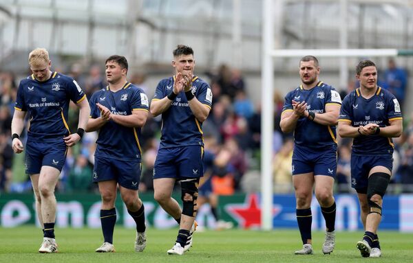 Leinster players celebrate after their Champions Cup semi-final victory over Toulon. Photo: INPHO/Laszlo Geczo.