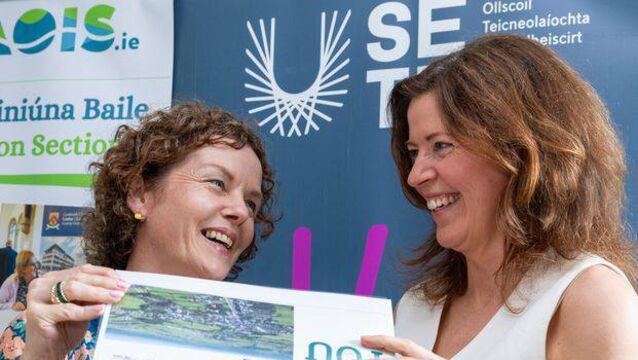 <p>Dr Sharon Harris Byrne (SETU) and Denise Rainey, Town Regeneration Officer LCC at the launch of the Abbeyleix Town Centre First Health Check in Heritage House Abbeyleix. Photo: Alf Harvey</p>