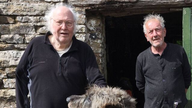 <p>Artist Dain Flemming and Gallery of Divine Inspiration curator Kevin McCann pictured with Dain's huge Irish Wolfhound Cormac at his home in Drimma Mountrath Photo Stan Henderson</p>