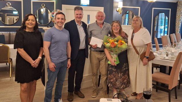 <p>Pictured at Jimmy Palmer's retirement celebration at the Manor Hotel in Abbeyleix: Amanda Horan, Patrick Travers, Noel Daly, Jimmy Palmer, Geraldine Palmer, and Patricia Cullen.</p>