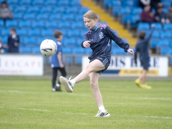 A young footballer showing off her skills at Laois Hire O'Moore Park on Sunday	 Photo: Denis Byrne