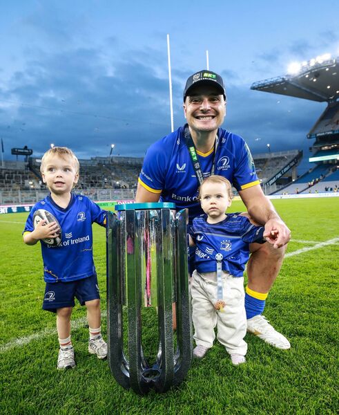 James Lowe with his son Nico and daughter Renn, celebrating his final game for Leinster before departing to Japan this summer. Photo: INPHO/Dan Sheridan James Lowe with his son Nico and daughter Renn, celebrating his final game for Leinster before departing to Japan this summer. Photo: INPHO/Dan Sheridan