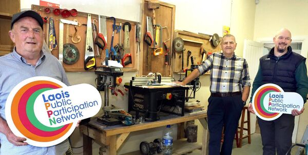 Laois PPN visited men's shed group in Portarlington, during Men's Health Week: Terence Kavanagh, Pat Burns and Dan Bergin (Laois PPN) in the well-equipped workshop. Photograph by Michael Scully. 